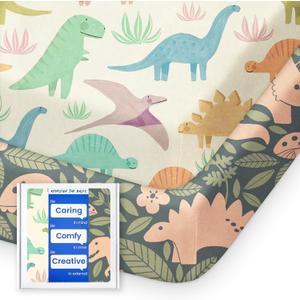 Pack N Play Sheets Fitted, TotBasic Ultra Soft Dinosaur Mini Crib Sheets, Premium Jersey Knit Pack and Play Sheets, Stretchy Neutral Play Yard Sheets for Pack and Play Mattress, 2 Pack(Vintage Dino) (Chalky + Mushroom Dinosaurs)