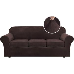 H.VERSAILTEX Modern Velvet Plush 4 Piece High Stretch Sofa Slipcover Sofa Cover Furniture Protector Form Fit Luxury Thick Velvet Sofa Cover for 3 Cushion Couch Width Up to 90 Inch (Sofa,Brown)