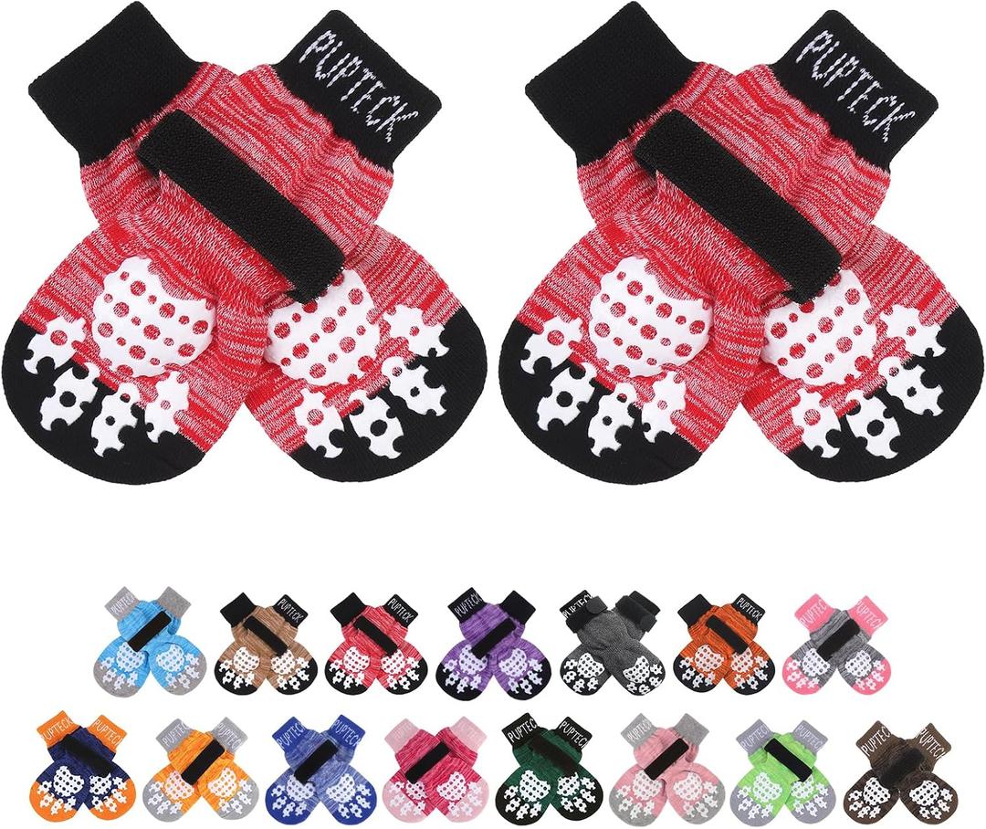 PUPTECK Anti-Slip Dog Socks with Double Sides Grips for Small Medium Large Dogs Hardwood Floors Prevents Licking, Dog Shoes for Hot Pavement Traction Control Paw Protector for Senior Dogs, Red M