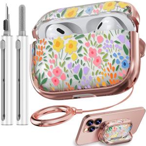 Inesore for AirPods Pro 2nd Generation Case Cover with Lock, Flowers Cute Clear Air Pods Pro 2 Case Hard iPod Pro Cases for Women Girls with Cleaner Kit (2023 USB-C /2022/2019) - Seven Color Flower