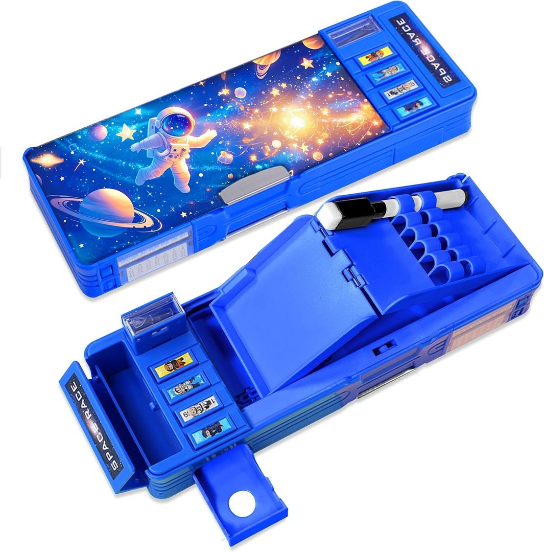 Pop Up Multifunction Pencil Case for Girls and Boys, Cute Cartoon Pen Box Organizer Stationery, Sharpener, Schedule, Whiteboard, School Supplies, Best Gifts for Kids (Blue Space)