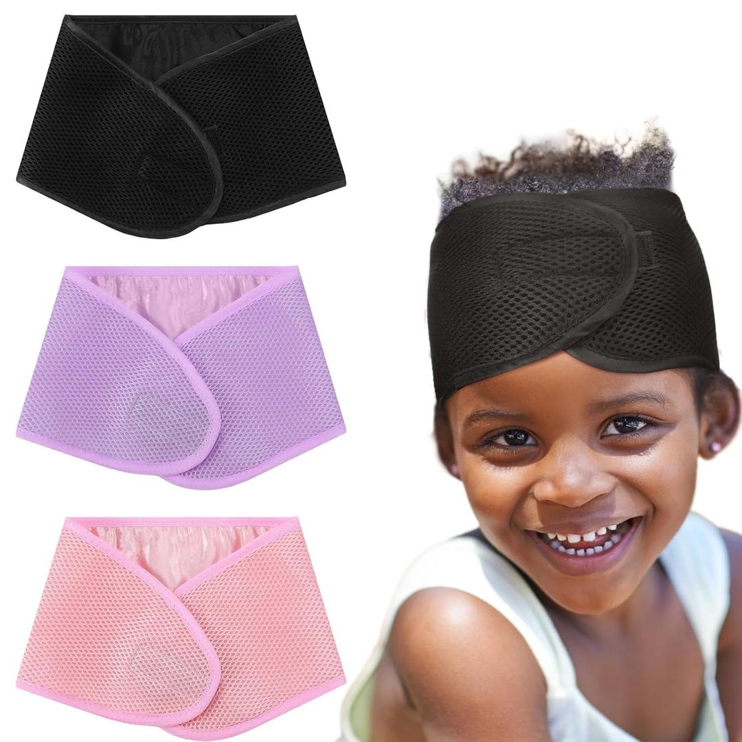 3 Pcs Kids Satin Lined Mesh Wrap Adjustable Size Sleeping Head Wrap for Kid Girl Christmas Sleeping Cap Scarf Gifts Spa Hair Wash Face with Headbands for Long Short Hair(Black, Purple, Pink)