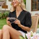Uhiger Black Shirts for Women Button Up Shirt Henley V Neck Embroidered Eyelet Puff Sleeve Lady Tops Summer Outfits (L)
