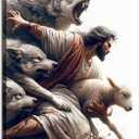 Framed Jesus and Lamb Wall Art Jesus Protecting Lamb from Wolves Canvas, 24L"x16W" Canvas
