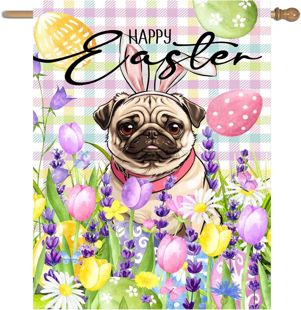 Happy Easter Pug Garden Flag 28x40 Double Sided Bunny Ear Dog Flags Buffalo Plaid Rabbit Eggs Yard Flag for Outside Large Floral Spring House Flags