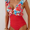 Aidonger Women's One Piece Swimsuit Tummy Control Ruffle Bathing Suit V Neck Ruched Swim Suit Slimming Cutout Swimwear (Red, M)