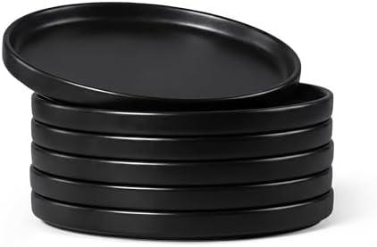 E-far 7.9 Inch Ceramic Dinner Plates, 6-Piece Stoneware Salad Plates with Raised Edges, Chip & Scratch Resistant | Microwave & Dishwasher Safe Dessert Dishes for Appetizer Salad, Matte Black
