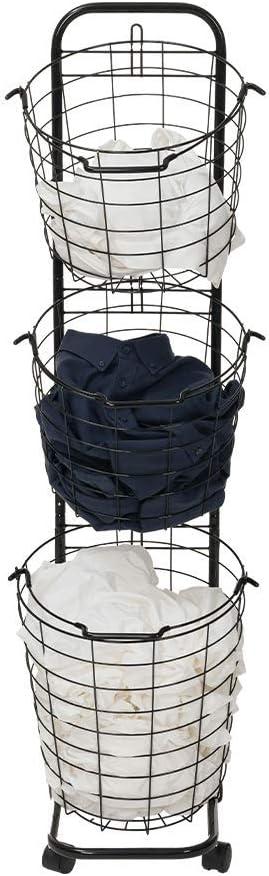 3 Tier Rolling Laundry Hamper with 3 Removable Wire Basket, Metal Sorter Storage Trolley Shelf Basket with Wheel, Tall Clothes Laundry Basket bin with Wheels-Black