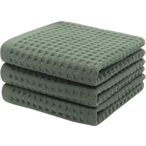 Mia's Dream Premium Cotton Waffle Bathroom Towel Set, 3 Pack Quick Drying Facial & Hand Towels, 13" x 27" (Olive Green)