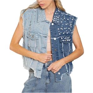 Lucrosun Womens Beading Pearls Denim Vest Button Sleeveless Cropped Jean Jacket (M, Blue)