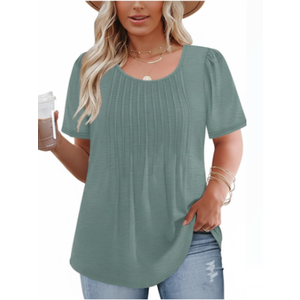 VISLILY Womens-Plus-Size-Summer-Tops Trendy Puff Short Sleeve T Shirts Cute Flowy Pleated Blouses Casual Crewneck Tunics Tee 2XL