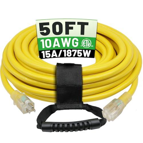 POWGRN 50 Ft 10AWG Outdoor Extension Cord Waterproof Heavy Duty 10 Gauge 3 Prong, Flexible Cold-Resistant Long Power Cord Outside with Lighted Indicator End, 15Amp 1875W SJTW Yellow ETL Listed