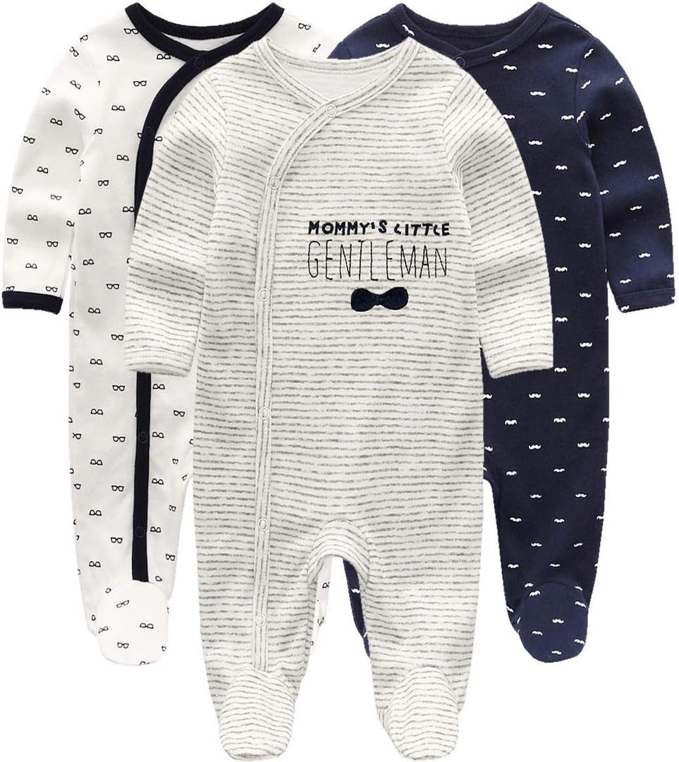 Kiddiezoom Baby and Toddler Boys'Snug Fit Footed One-Piece Romper Jumpsuit Cotton Cotton Footed Outfit (3-6 Months, Stripe / Bow Tie)