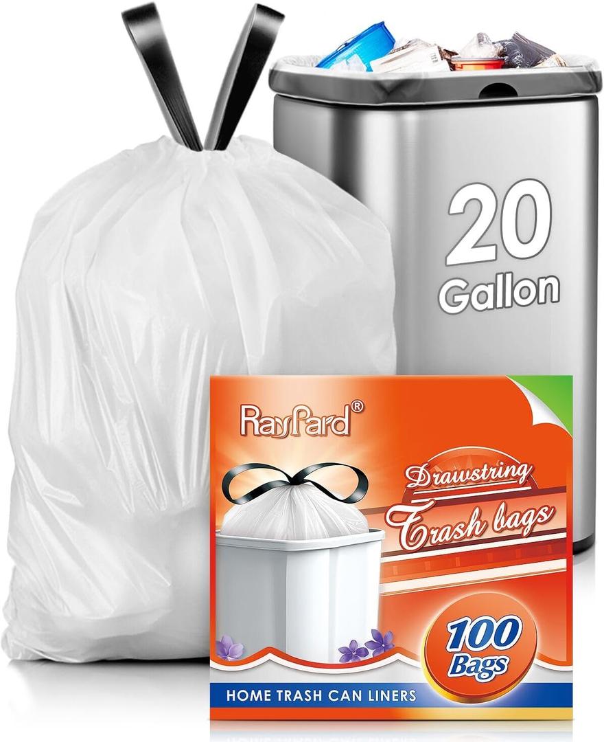 20 Gallon Large Drawstring Trash Bags Fit 20-21 Gal, 100 Counts Heavy Duty Tall Kitchen Garbage Liners, Large Trash Bags Size Chart for Home, Office, Outdoor Lawn and Leaf Bags, White