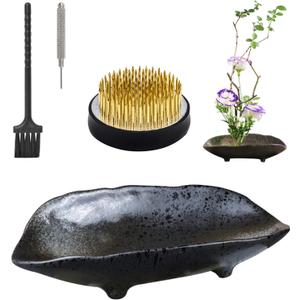 WANDIC Flower Arranging Supplies, Boat Shaped Ceramic Ikebana vases with 4cm Round Flower Frog for Ikebana Floral Arrangement Art Home Decoration, Black Spotted