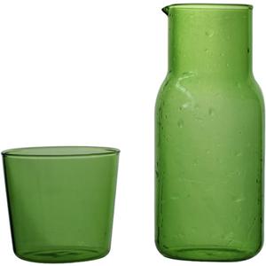 Bedside Glass Water Carafe Set with Cup, Glass Carafe with Lid Mouthwash Cups for Bedroom Bathroom Juice Wine Milk 19oz (Green)