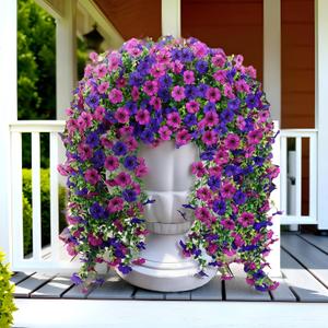 Artificial Fake Hanging Flowers Plants for Outdoor Spring Summer Decoration, UV Resistant Look Real for Home Outside Planter Porch Decor (Purple Pink-2Pack)