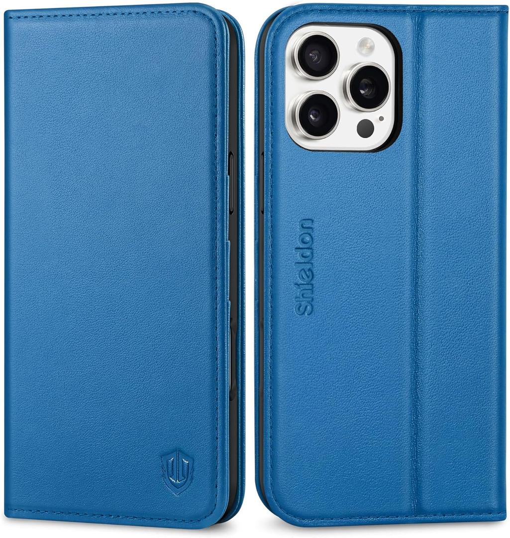 SHIELDON Wallet Case for iPhone 16 Pro Max 5G 2024, Genuine Leather Magnetic RFID Blocking Credit Card Slot Kickstand Full Protection Case Compatible with iPhone 16 Pro Max 6.9" - Nappa Sapphire Blue