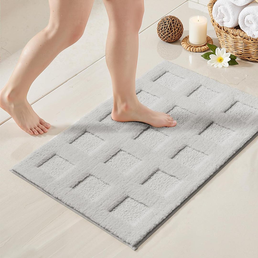 GRANNY SAYS Bathroom Rugs Non Slip Washable, Extra Soft & Water Absorbent Bath Mats for Bathroom, Plush Shaggy Bath Carpet, Grey Waffle Bath Mat Quick Dry for Tub & Shower, 16" x 24"