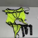 Kaei&Shi Garter Lingerie For Women, Fishnet Mesh Choker Strappy Sexy Lingerie, Rave Outfits Festival Matching 4 Pieces Lingerie Set Blacklight Glow In The Dark Boudoir Neon Green Black, Medium Corset