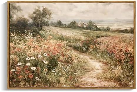 OIQArtOIQ Framed Canvas Wall Art,Vintage Decor,Landscape Nature Country Wildflower Paintings Farmhouse Pictures Modern Artwork Rustic Fall Flower Prints Cottagecore Office Living Room Bedroom Bathroom