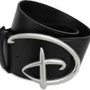 Buckle-Down Women's Disney Belt, Signature D Logo Cast Buckle, Vegan Leather Belt (Black)