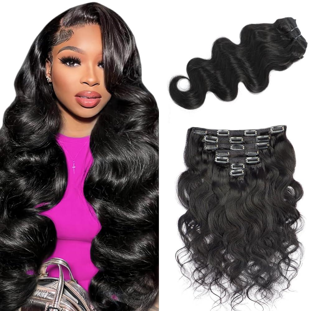 #1B Body Wave Clip in Hair Extensions,32 Inch Soft Real Human Hair,Natural Black Body Wave Clip ins 120g 7pcs Per,Brazilian Double Weft Remy Human Hair Extensions.