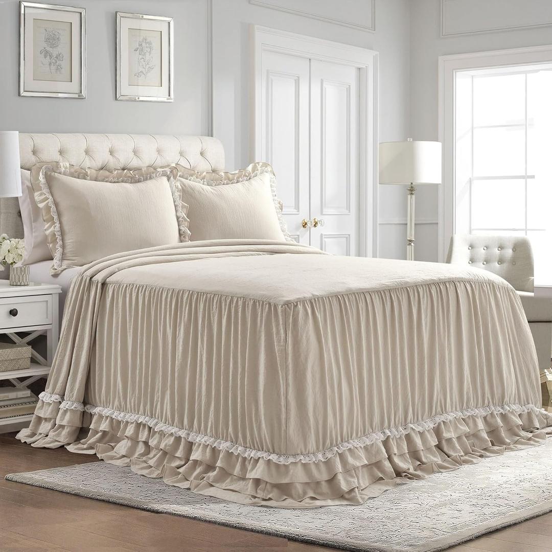 Lush Decor Ella Ruffle Lace Bedspread, 3 Piece Set, King, Neutral - Cute Bed Set - King Bedding - Beige Bedding - Coquette Decor - Neutral Ruffle Trim - Beige Lace Trim