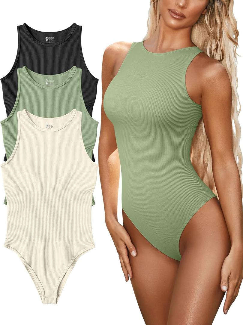 OQQ Women's 3 Piece Bodysuits Sexy Ribbed One Piece Sleeveless Halter Neck Tops Leotard Summer Trendy (Medium, Black Pea Green Beige)