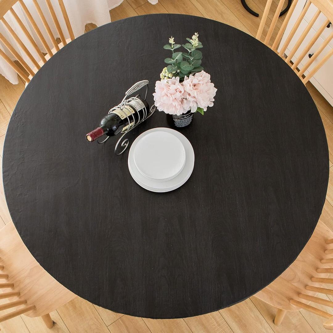 LIBERECOO Round Vinyl Fitted Tablecloth with Flannel Backing Elastic Edge Table Cover Waterproof Stain-Resistant Wipeable Tablecloths Fits 40-44" Round Tables (Black Wood)