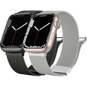 [2 PACK] Metal Stainless Steel Bands Compatible with Apple Watch Bands Series 8 7 6 5 4 3 2 1 SE 41mm 40mm 38mm 42mm 44mm 45mm, Mesh Loop Magnetic Milanese Strap for iWatch Bands Women Men (42/44/45mm, Silver & Black)