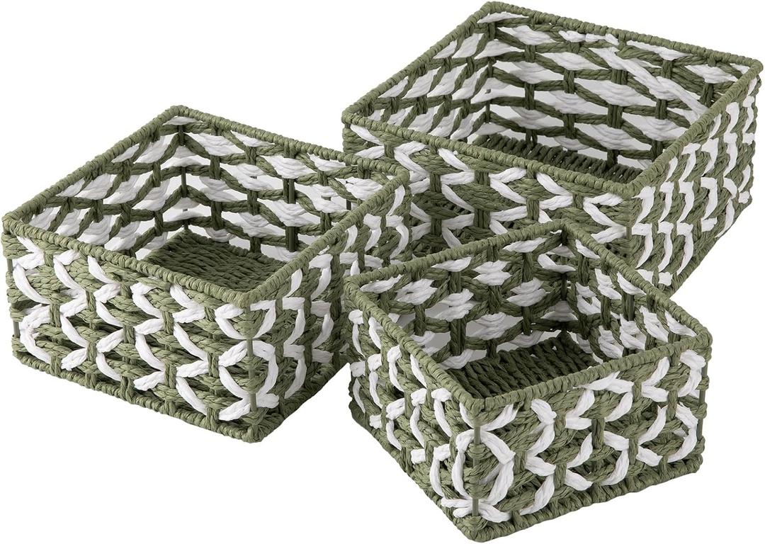 OIAHOMY Storage Baskets Paper Rope Shelf Baskets, Handwoven Small Wicker Bins for Home, Set of 3-Green & White