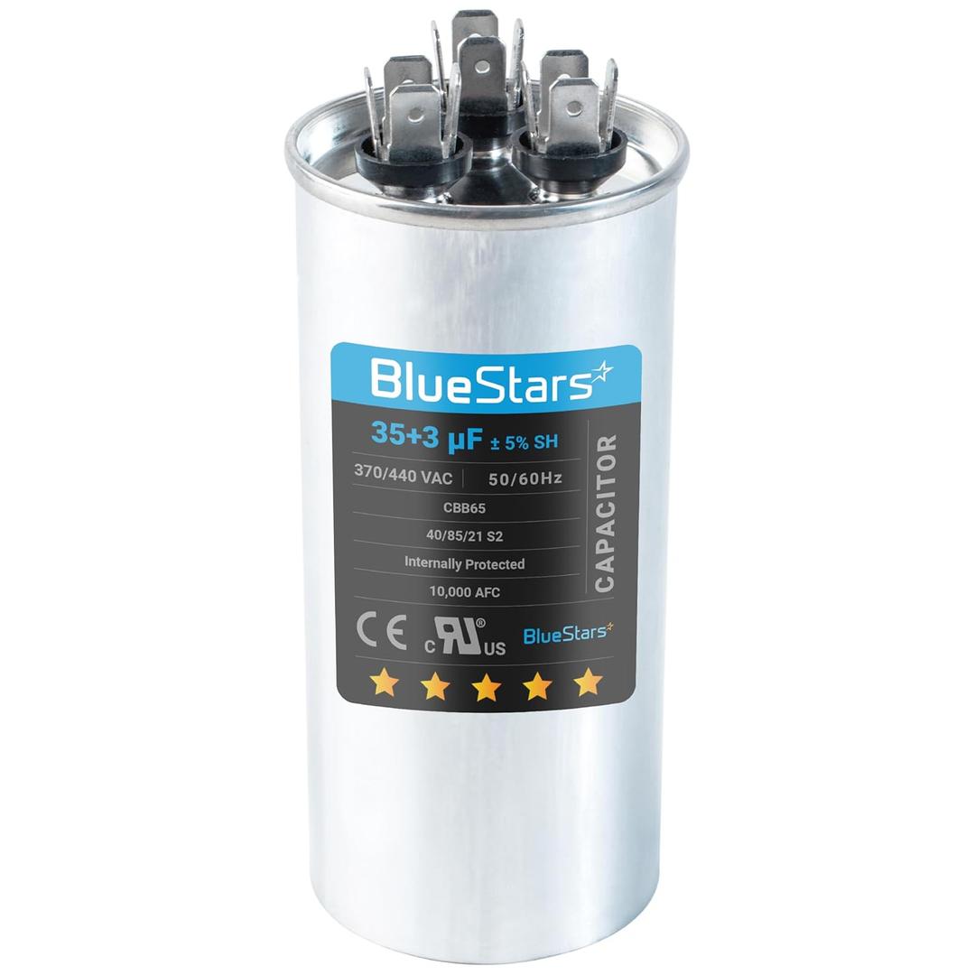 [UL Certified] BlueStars 35+3 MFD 35/3 uf 370 or 440 VAC Dual Run Round Capacitor CBB65 - Fit for Condenser Straight Cool Heat Pump Air Conditioner AC Motor - Replaces USA2226BA 97F9472 C3353R