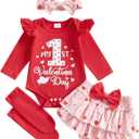 BeQeuewll Newborn Baby Girl Easter Outfit Bunny Clothes Romper+Bloomers Tutu Skirt+Socks+Headband Set First Easter Outfit (3-6 Months, 1st V-day Red)