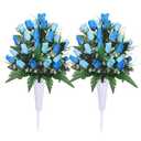 Lodou Artificial Cemetery Flowers,Outdoor Grave Decorations Roses,Arrangements Bouquet with Cemetery Vase, Silk Flowers for Long-Lasting Remembrance (Blue)