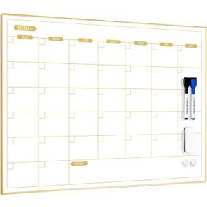 ARCOBIS Monthly Calendar Whiteboard for Wall, 24" x 18" Magnetic Dry Erase Calendar with Gold Frame, Wall Hanging Planner for Home, Office, School