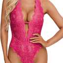 Aranmei Sexy Lingerie for Women Hollow Out Floral Lace Bodysuit One Piece Lingerie Deep V Teddy Babydoll Underwear (Pink, XL)