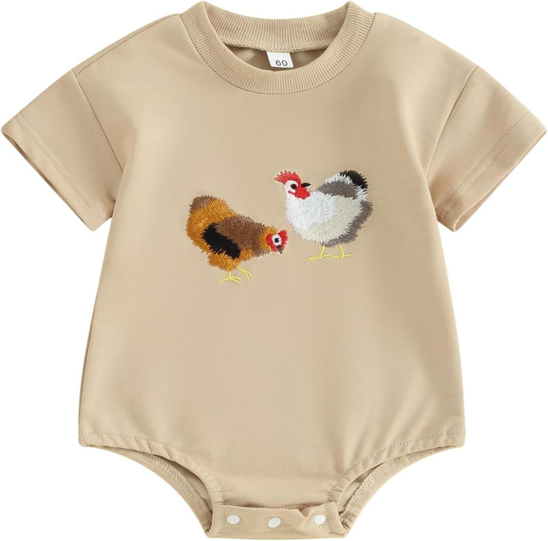 Kayotuas Baby Boys Girls Farm Animal Outfit Summer Clothes Cow and Chicken T Shirt Romper Newborn Country Western Onesie Tops, 6-12M 