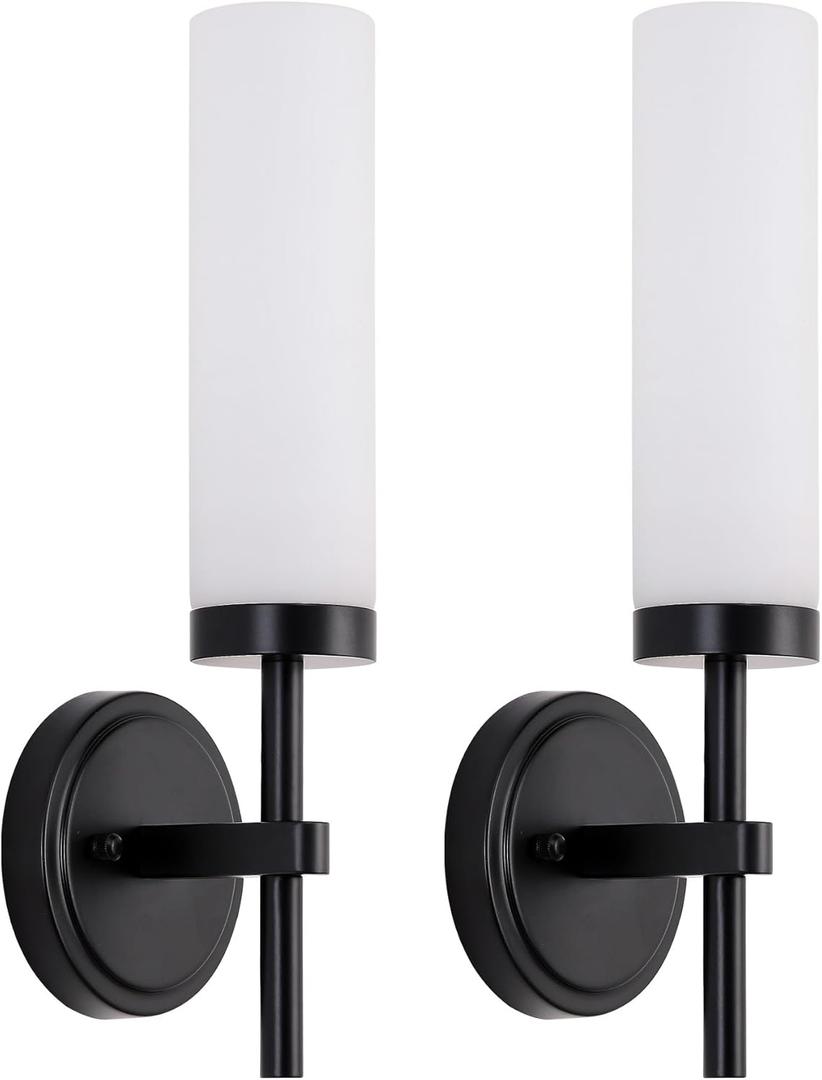 Black Bathroom Wall Sconces Set of 2, Modern Sconces Wall Lighting Vanity Lights with Opal White Glass Shade, Farmhouse Wall Mount Lamp for Mirror Living Room Bedroom Hallway Kitchen Stairs (Hardwired 1-Light (2 Pack))