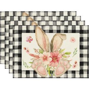 Artoid Mode Buffalo Plaid Bunny Ear Foot Flower Easter Placemats Set of 4, 12x18 Inch Seasonal Spring Table Mats for Party Kitchen Dining Decoration 