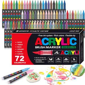 72 Colors Soft Brush Tip Acrylic Markers Set, Paint Pens for Rock, Wood, Fabric, Canvas, Glass, DIY Crafts, Waterproof Paint Markers, Vibrant Acrylic Pens for Artists and Art Projects