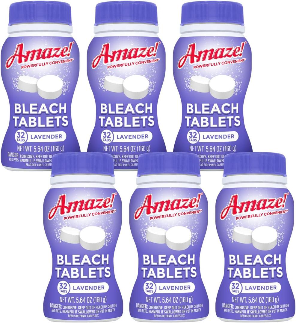AMAZE Ultra Concentrated Bleach Tablets [6 bottles] - Lavender Scent - for Laundry, Toilet, and Multipurpose Home Cleaning. No Splash Liquid Bleach Alternative (32 Count (Pack of 6))