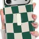 KANGHAR Compatible with iPhone 17 Pro Case, Silicone Checkered Cute Pattern, Finger Hold Wristband Kickstand Camera Protection Soft Slim Phone Case for Girls Women -Green White