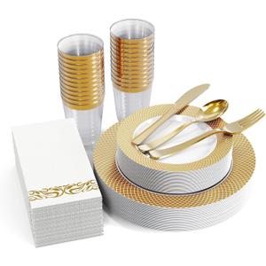 FOCUSLINE 175 Count Gold Dinnerware Set for 25 Guests - Disposable Plastic Plates with Gold Grid, Includes 25 Dinner & Salad Plates, Cups, Napkins, Cutlery Set for Wedding Parties