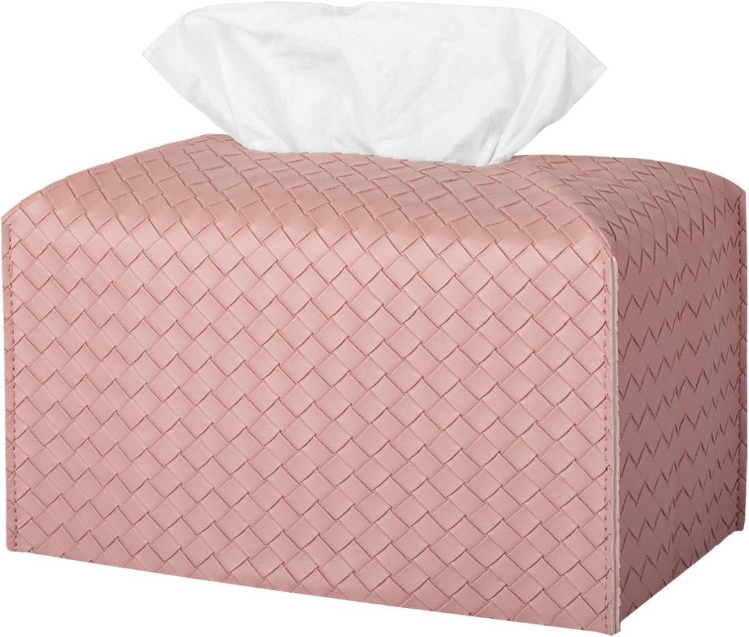Tissue Box Cover PU Leather Tissue Holder Square Facial Tissue Case Facial Paper Organizer Dispenser for Bathroom, Vanity Countertop, Tabletop, Car, Rectangle, Pink