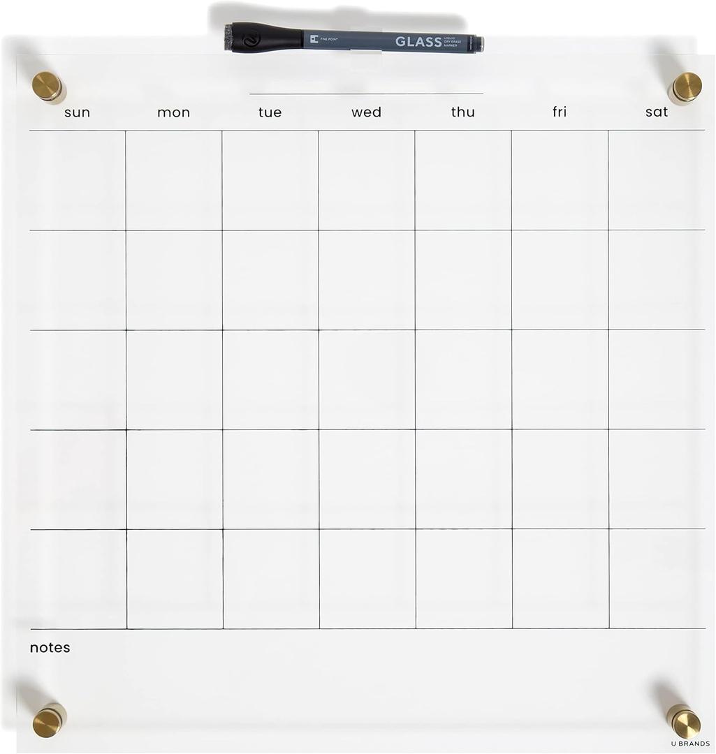 U Brands Acrylic Monthly Dry Erase Calendar White Board, Clear with Gold Finish Hardware, 16 x 16