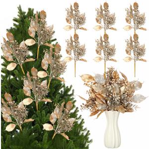 6 Pcs 16 Inch Christmas Magnolia Picks Champagne Christmas Tree Picks Glitter Gold Artificial Magnolia Flower Leaves Berries Branches for Xmas Tree Winter Vase Wreath Holiday Decor