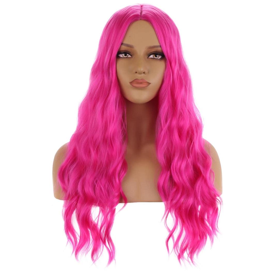 MAGQOO Hot Pink Wig for Women Girls Long Curly Wavy Pink Wigs Middle Part Heat Resistant Hight Density Synthetic Wigs (9.96 x 6.02 x 2.09 in)