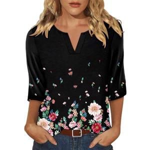 KISSMODA 3/4 Length Sleeve Shirts for Women Floral Business Shirts Tops Blouses Tops Loose Fit T-Shirts (Black, XXXL)