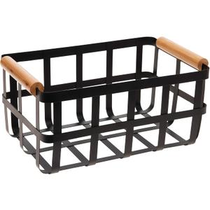 Simplify Rectangular Metal Storage Basket with Bamboo Handles | Large | Farmhouse Style Wire Basket | Home Organizer | Decorative | Rustic | Black